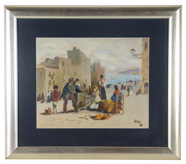 Luigi Surdi - Firmato e datato 1940. "Scorcio di Napoli con popolani e venditrice di caldarroste", dipinto ad olio