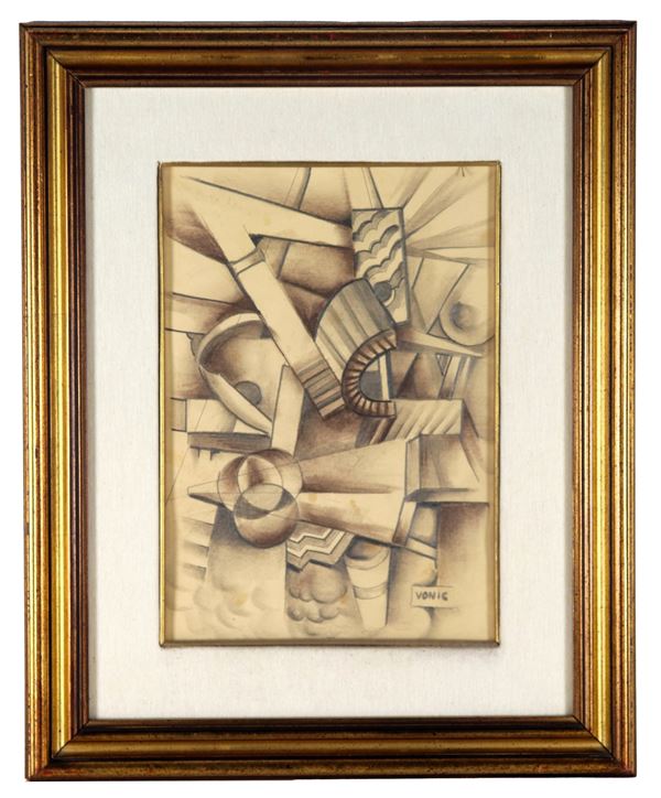 Artista Contemporaneo Europa dell'Est - Signed. "Abstract-Cubist Subject", small mixed media drawing on paper