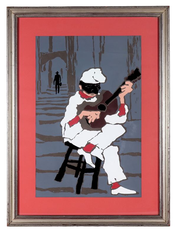 Arte Contemporanea - "Pulcinella with guitar", mixed media painting on paper