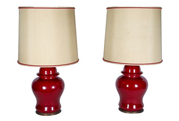 Pair of Chinese potiches lamps in oxblood glazed porcelain, one light each