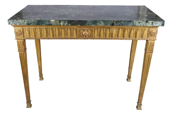 Ancient Roman Louis XVI console, in gilded and carved wood with central eagle, rosettes and palmettes, top in breccia pavonazza marble