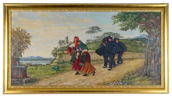 Pittore Italiano Inizio XX Secolo - Signed and dated Rome 1945. "Landscape of the Castelli Romani with Bersaglieri courting the commoners", oil painting on plywood