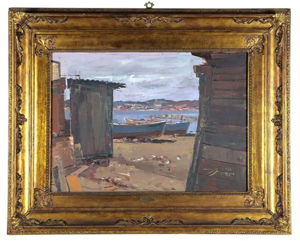 Claudio Morgigno - Firmato e datato 1976. "Porticciolo con barche in secca e baracche", dipinto ad olio su tela