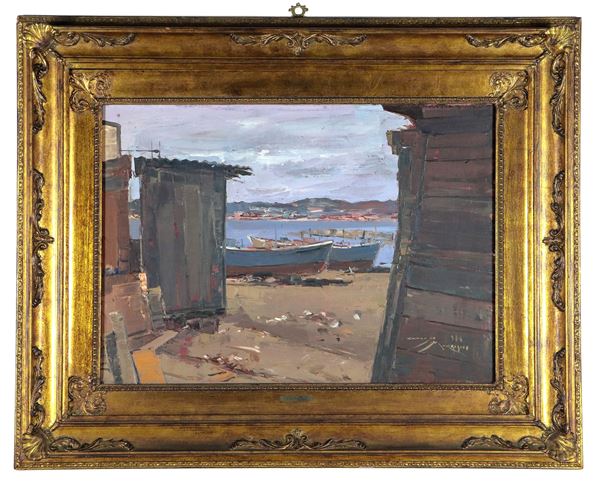 Claudio Morgigno - Signed and dated 1976. "Marina with dry boats and shacks", oil painting on canvas