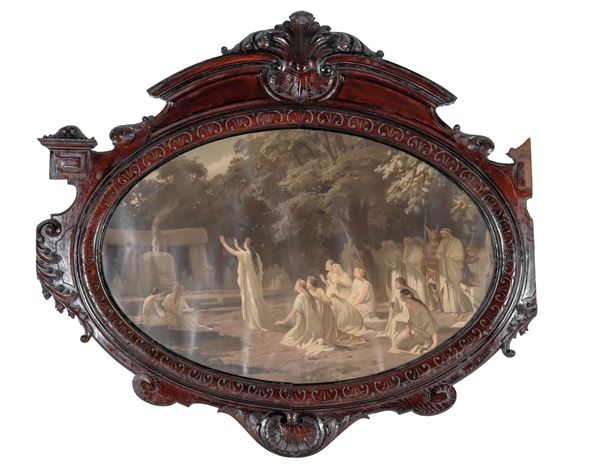 Art Nouveau colored oval print "Sacrifice scene in Ancient Rome"