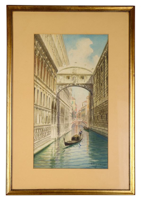 Umberto Ongania - Signed. "Venice with the Bridge of Sighs", fine watercolor on paper