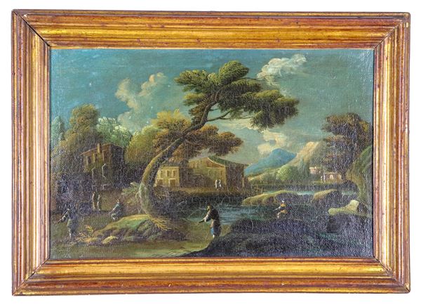 Pittore Veneto Fine XVII Secolo - "Paesaggio con borgo, corso d'acqua, pescatori e viandanti", piccolo dipinto ad olio su tela