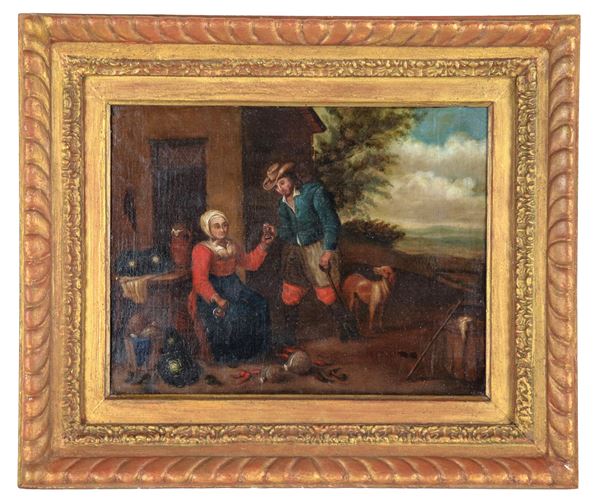 Scuola Fiamminga Inizio XVIII Secolo - "Cavaliere con cane e veditrice di ortaggi", piccolo dipinto ad olio su tela