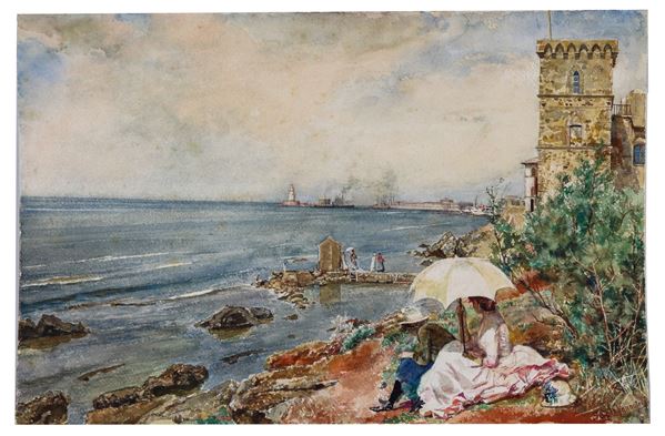 Scipione Vannutelli - Firmato. "Veduta di torre con due giovinette con ombrellino e sullo sfondo il porto di Civitavecchia", fine acquarello su carta