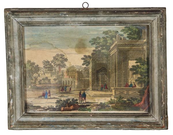 "Landscape with architecture and characters", ancient French watercolor engraving on paper applied to canvas. The engraving has slight stains