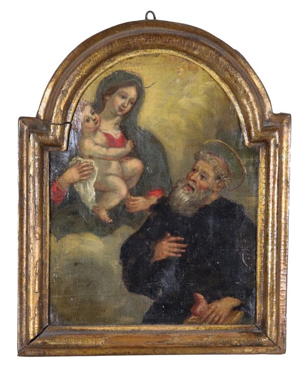 Pittore Napoletano XVIII Secolo - "Madonna with Child and Saint Francis of Paola" small oil painting on canvas with oval shape