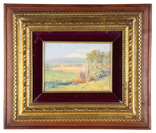 Carlo Passigli - Firmato. "Paesaggio con l'Etna sullo sfondo", piccolo dipinto ad olio su tavoletta
