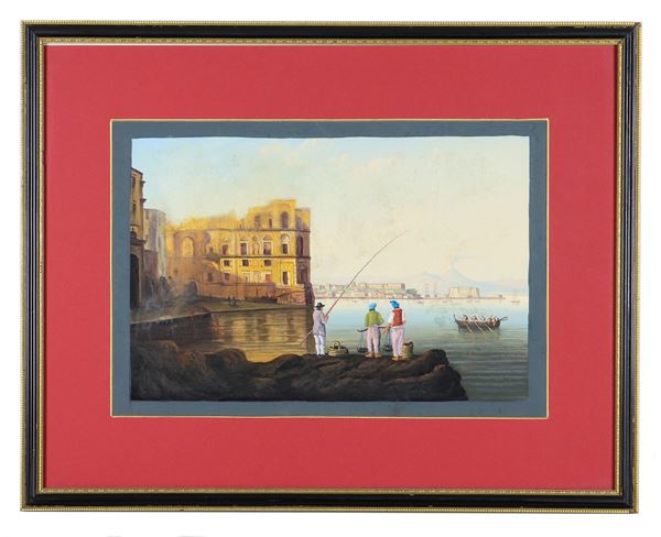 Pittore Napoletano XIX Secolo - "Veduta del Golfo di Napoli con Palazzo Donn'Anna e pescatori", gouache su carta