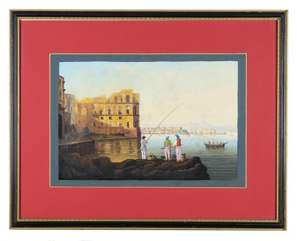 Pittore Napoletano XIX Secolo - "View of the Gulf of Naples with Palazzo Donn'Anna and fishermen", gouache on paper