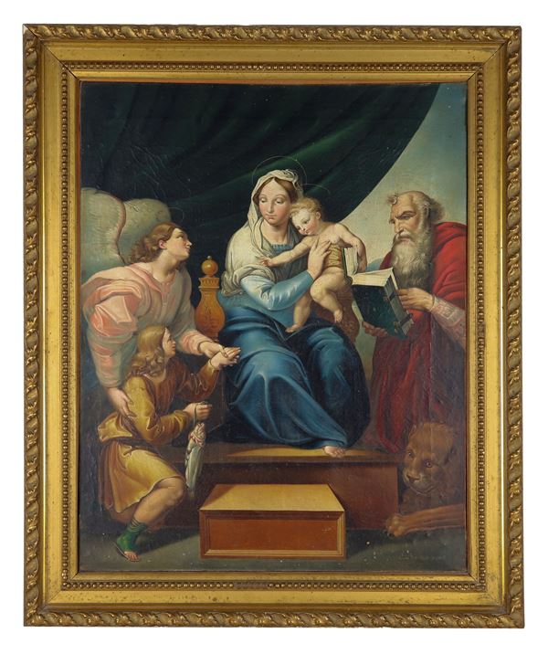 Scuola Italiana Fine XIX Secolo - "Madonna enthroned with Child, Saint Jerome and Tobias", oil painting on canvas by Raphael. The painting is relined and has some old restorations