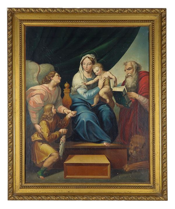 Scuola Italiana Fine XIX Secolo - "Madonna in trono con Bambino, San Girolamo e Tobia", dipinto ad olio su tela da Raffaello. Il dipinto è rintelato e presenta qualche vecchio restauro