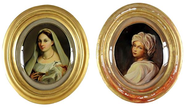 Scuola Italiana Fine XIX Secolo - "Beatrice Cenci" and "La Velata", pair of small oil paintings on plywood based on subjects by Raphael