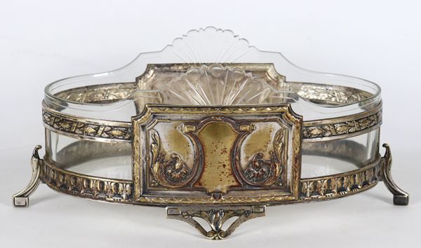 Antique German Liberty planter in silvered metal, chiseled and embossed, inside crystal tub