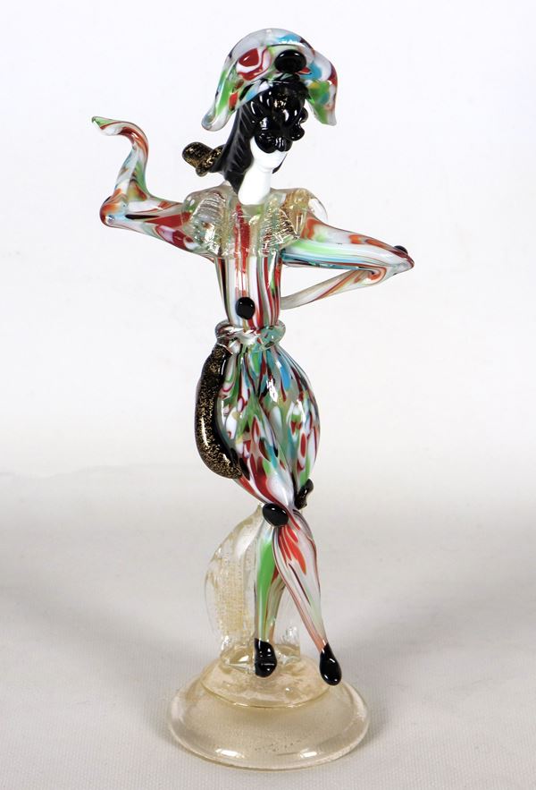 "Harlequin", Murano blown glass figurine with decorations in the Murrina style