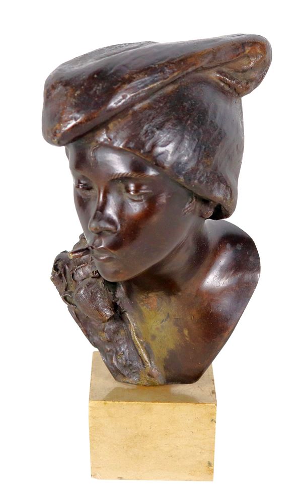 Achille D'Orsi - Firmato. "Scugnizzo", piccolo busto in bronzo, basetta in marmo