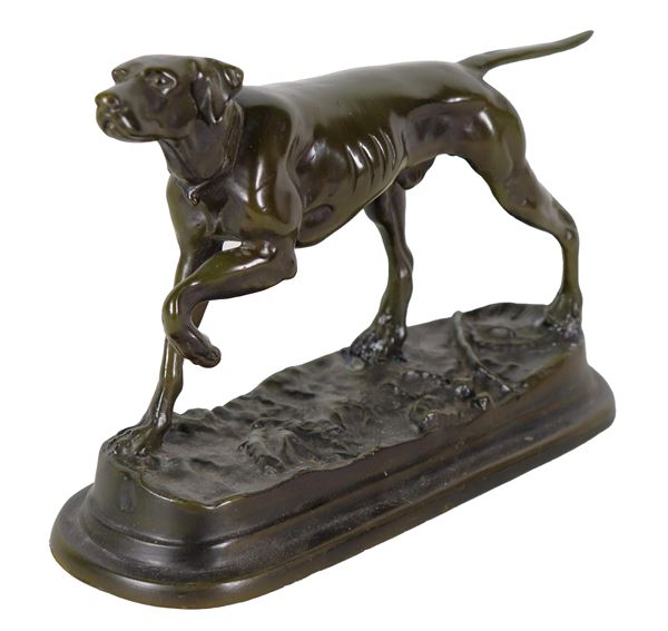 "Cane da caccia", antica piccola scultura in bronzo, firmata