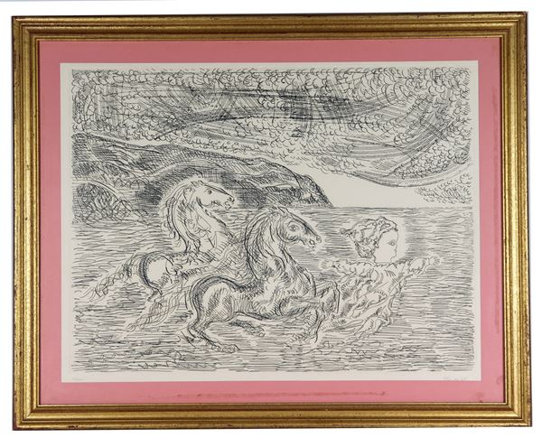 Lithograph on paper "Horses with child"