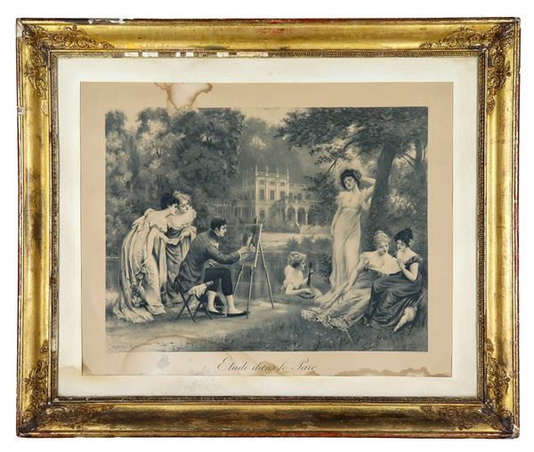 Antica stampa francese su carta "Il pittore ritrae le modelle nel parco". Difetti alla carta