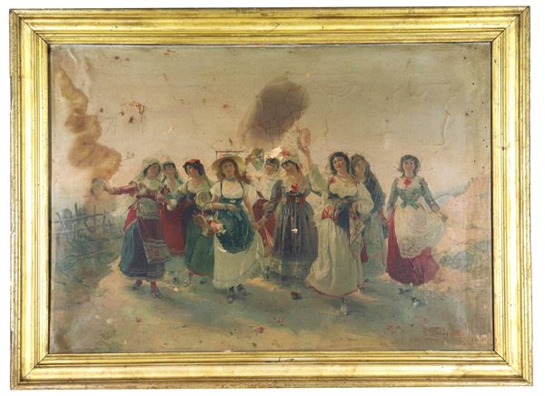 Ancient color oleography on paper applied to canvas "The return of the peasant women from the countryside". Various defects