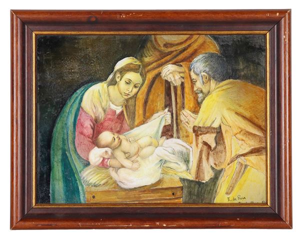 "Holy Family", painted majolica tile in a walnut frame