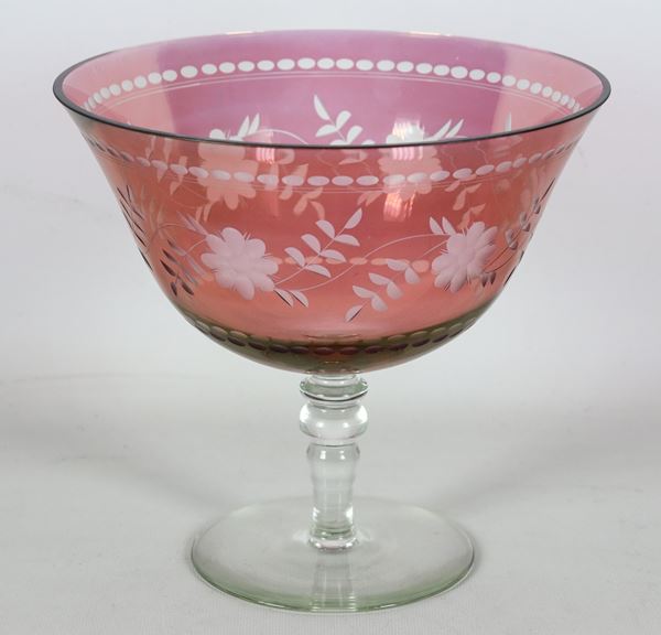 Large antique pink crystal bowl engraved with flower and cord motifs