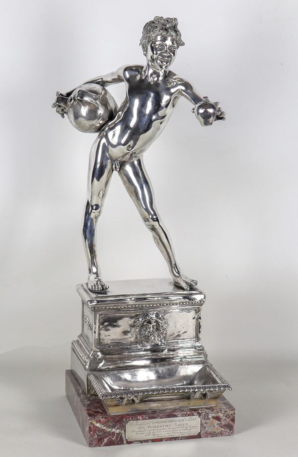 Vincenzo Gemito - "The Water Bearer", silvered bronze sculpture signed Gemito and stamp of the Gemito-Naples Foundry, quadrangular base in brecciated marble