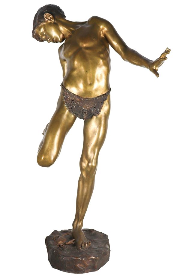 Annibale De Lotto - Firmata. "Fanciullo morso dal granchio", scultura in bronzo