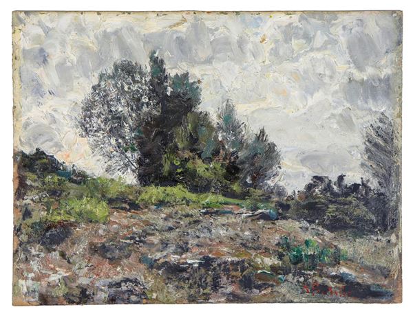 Attilio Pratella - Signed. "Hill landscape with trees", small oil painting on panel