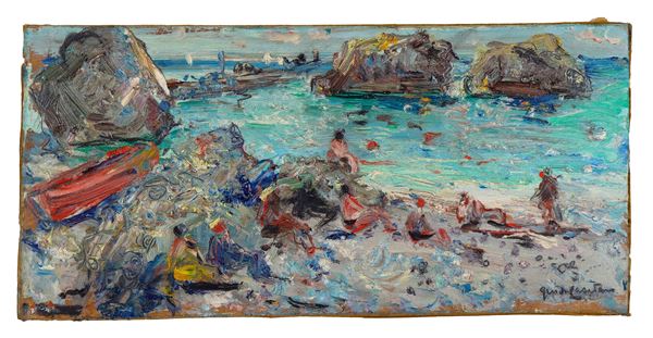 Guido Casciaro - Signed. "Marina with swimmers on the rocks", small oil painting on masonite