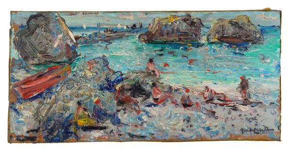 Guido Casciaro - Firmato. "Marina con i bagnanti sugli scogli", piccolo dipinto ad olio su masonite