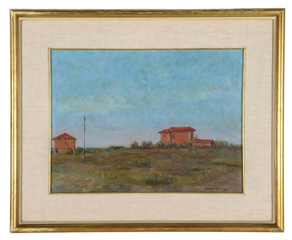 Domenico Campanella (Attivo nel XX Secolo) - Firmato e datato 1942. "Case rosse a Fiumicino", dipinto ad olio su cartone pressato