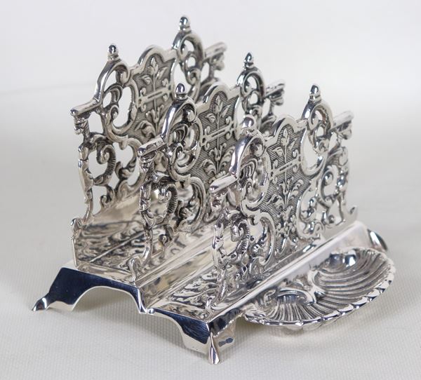 English desk card holder in chiselled, embossed and perforated Sheffield with three compartments with shell and four feet