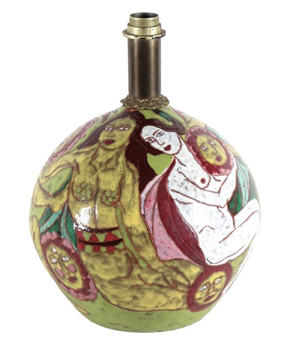 Polychrome majolica lamp glazed in relief with abstract female figures, branded Ceramiche Artistiche "Il Sole" Roma