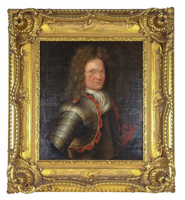 Scuola Inglese Fine XVIII Secolo - "Nobleman with armour", oil painting on canvas. Some old restoration