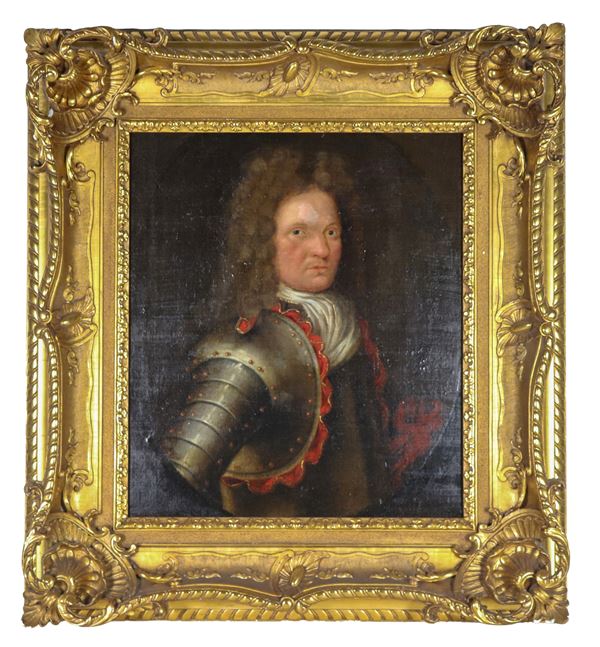 Scuola Inglese Fine XVIII Secolo - "Nobiluomo con corazza", dipinto ad olio su tela. Qualche vecchio restauro