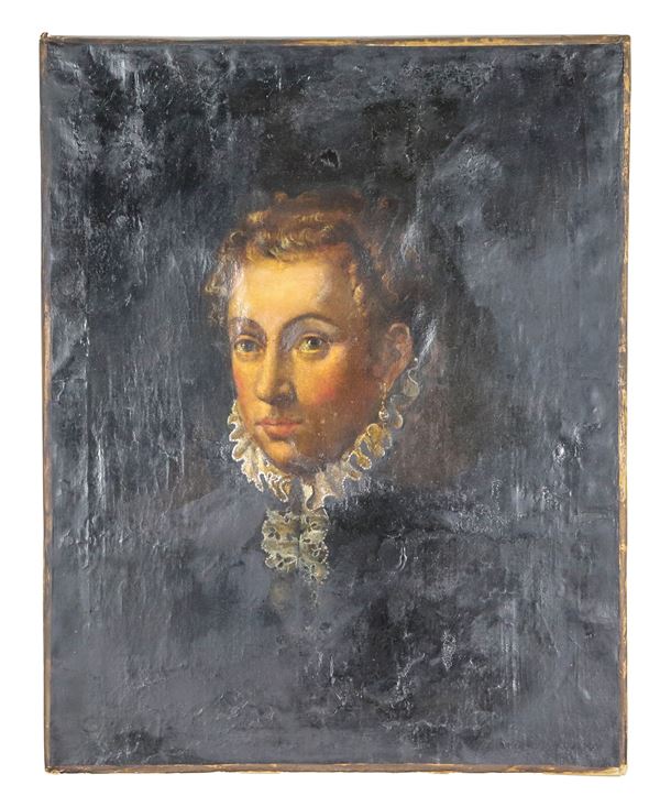 Pittore Italiano Inizio XIX Secolo - "Ritratto di nobildonna con orecchini", dipinto ad olio su tela