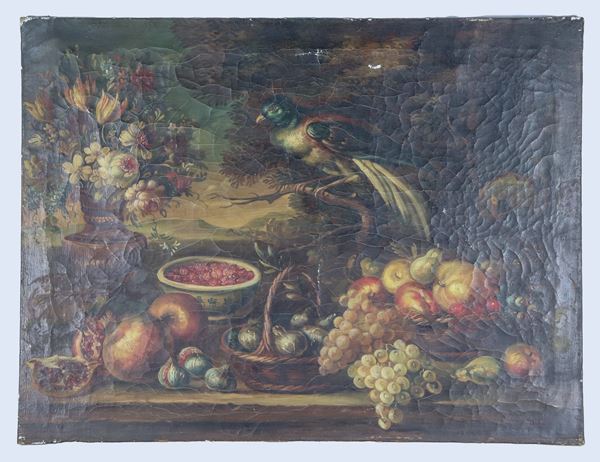 Scuola Italiana Fine XIX - Inizio XX Secolo - "Still life of fruit and flowers", oil painting on canvas