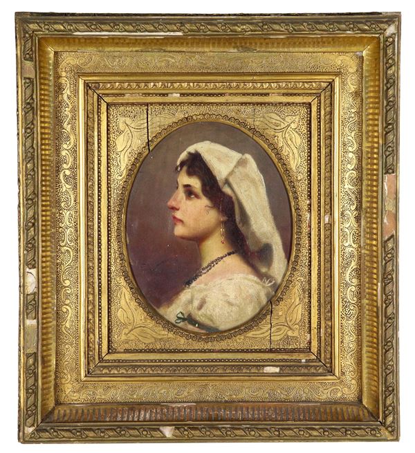 Francesco Vinea - Firmato, iscritto e datato Roma 1871. "Ritratto di giovane ciociara", piccolo dipinto ad olio su tavola