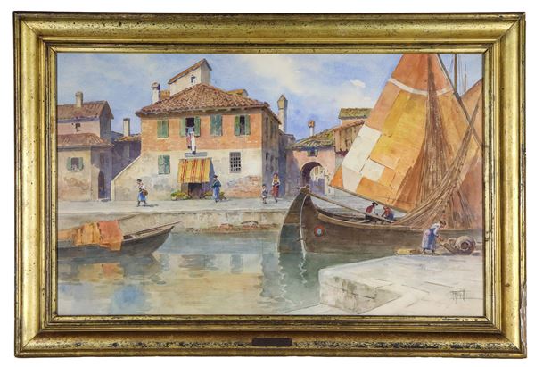 Filippo Anivitti - Firmato. "Scorcio di Burano con canale e barche", acquarello su carta