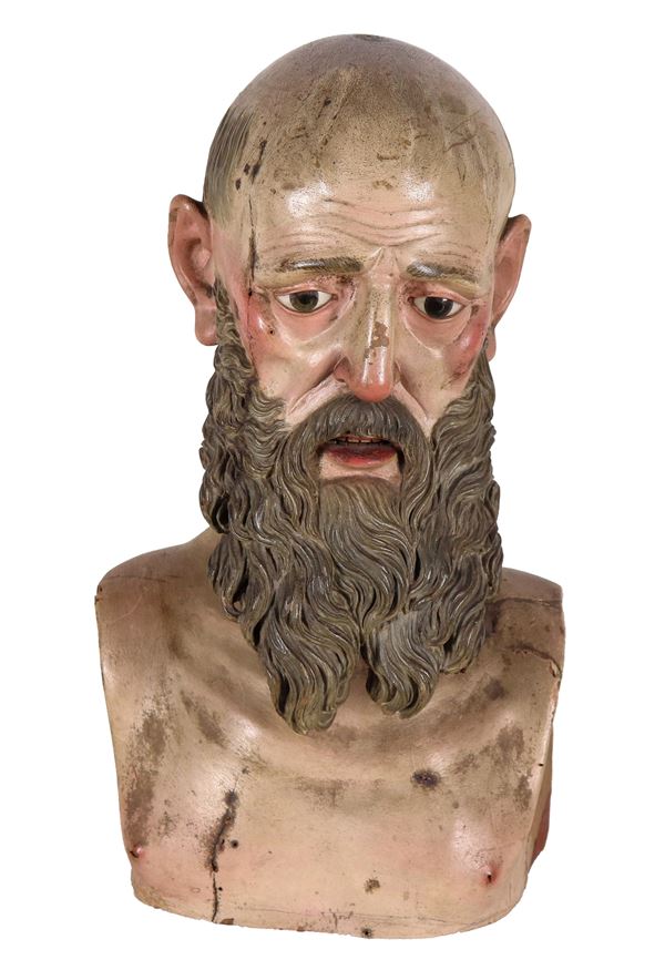 "St. Joachim", ancient polychrome wooden bust. Italy 18th century