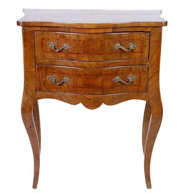 Walnut bedside table from the Louis XV line, with two drawers and four curved legs