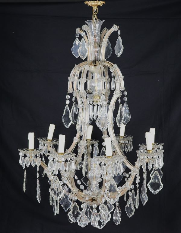 Maria Teresa chandelier in crystal and glass, with prisms and pendants, 9 lights, slight defects. 40s-50s