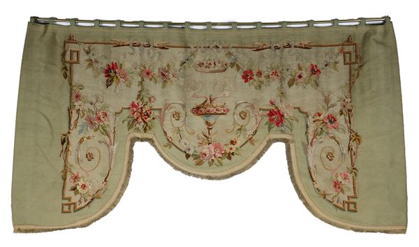 Ancient tapestry forming drape, with Louis XVI embroidery of amphorae, scrolls and flowers