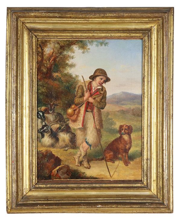 Scuola Italiana XIX Secolo - "Pastorello con capretta e cane", luminoso piccolo dipinto ad olio su tela