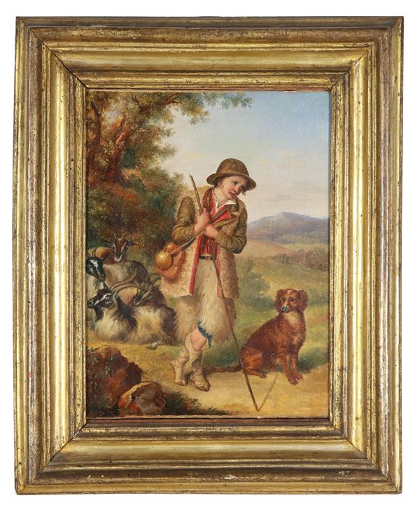 Scuola Italiana XIX Secolo - "Shepherd with goat and dog", bright small oil painting on canvas